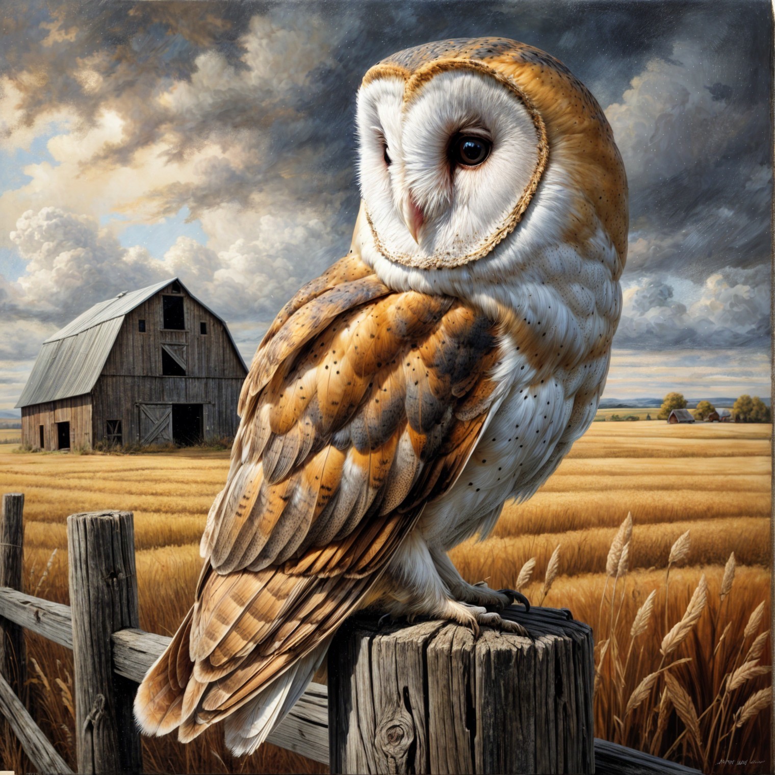 Barn owl on wooden post near rustic barn and fields