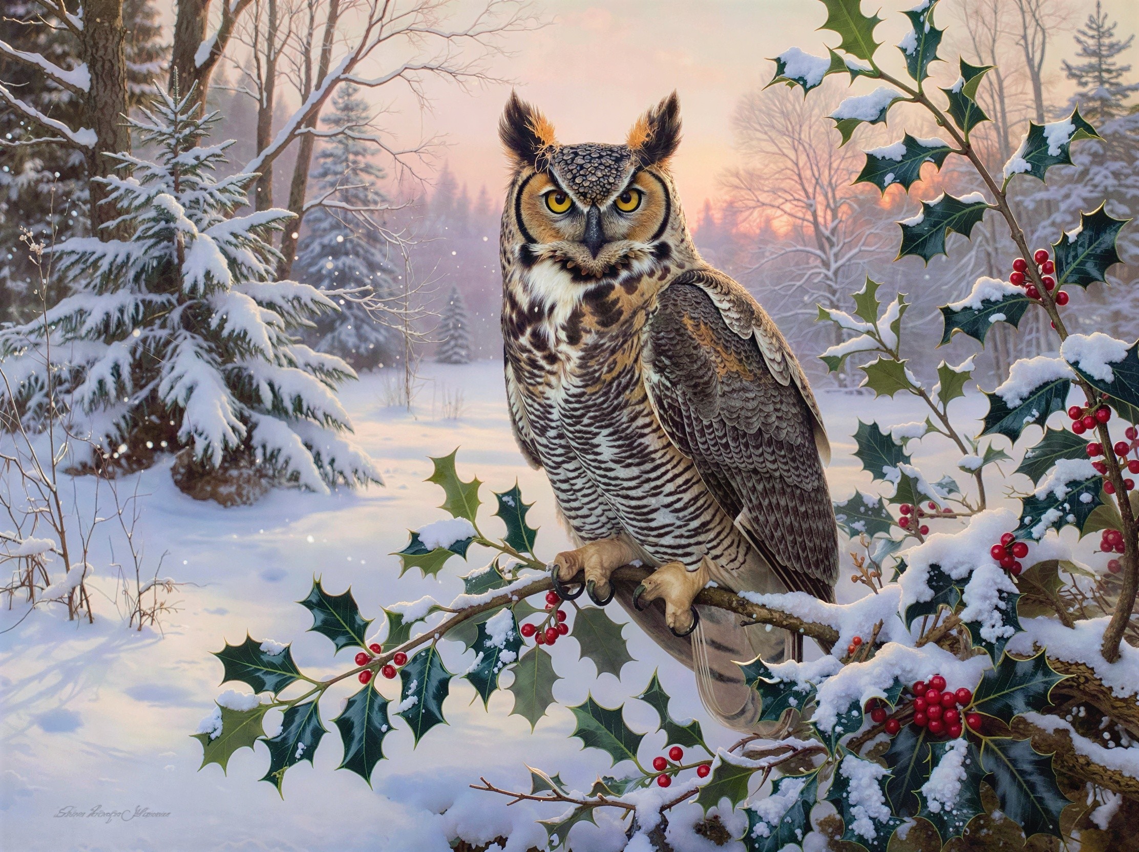 Great Horned Owl on Holly Branch in Winter Scene