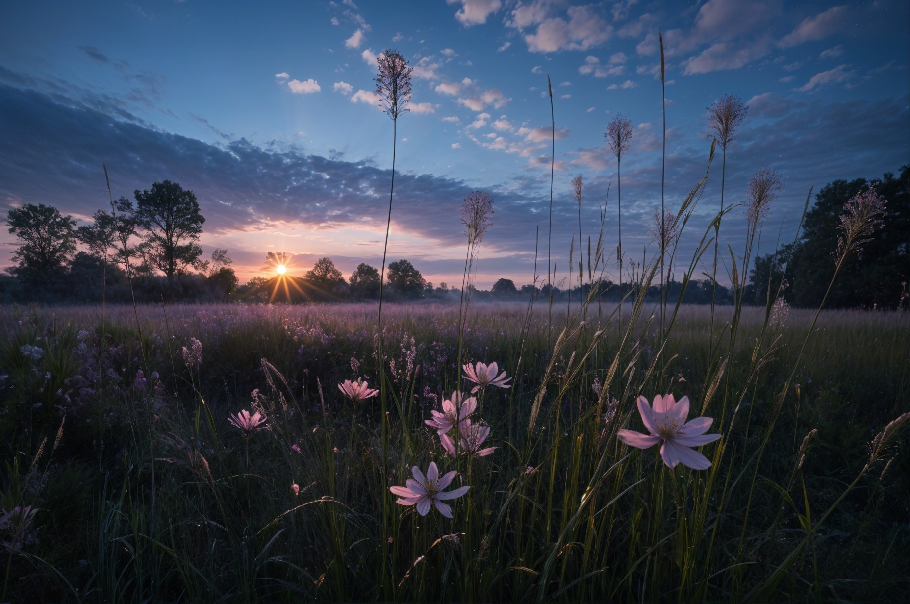 Serene Dawn Landscape with Wildflowers and Silhouetted Trees