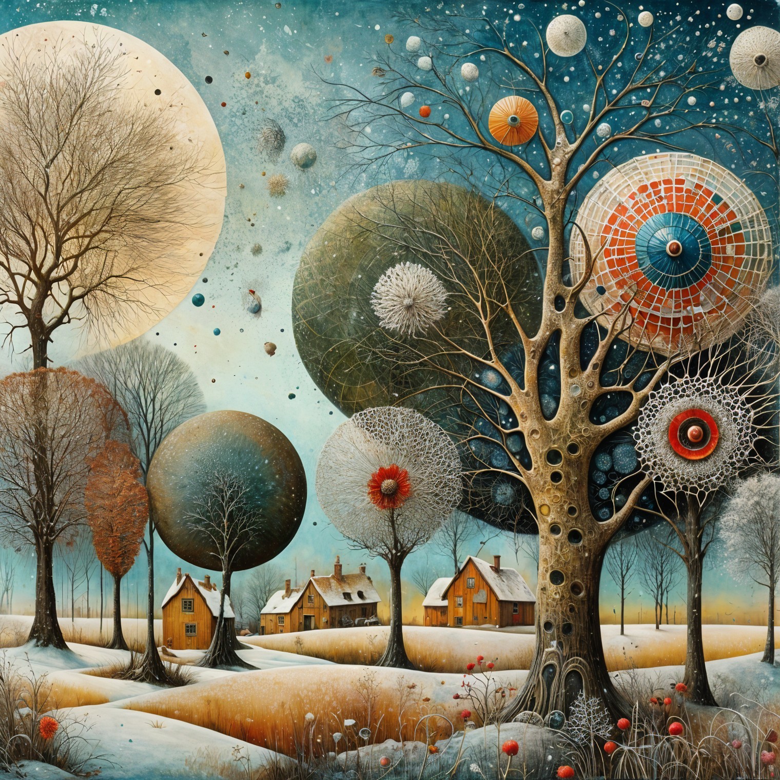 Whimsical Landscape with Stylized Trees and Homes