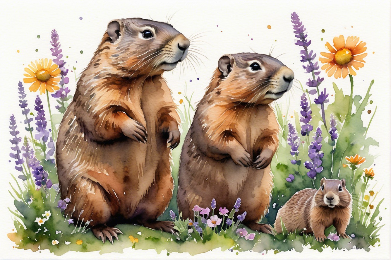 Marmots Among Colorful Flowers in Lively Landscape