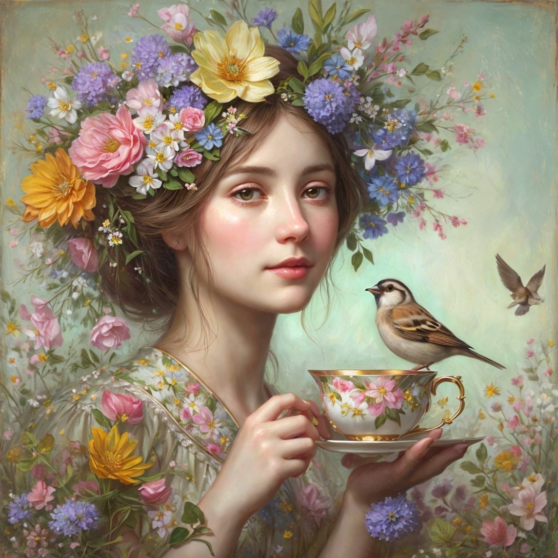 Serene Young Woman with Floral Crown and Teacup