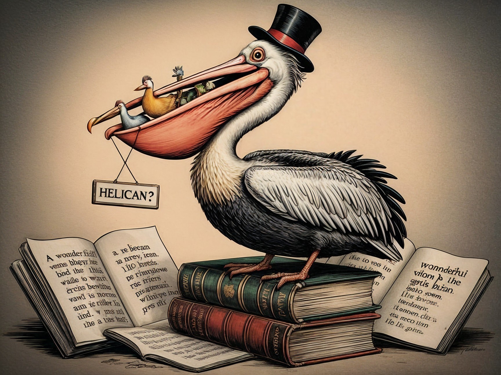 Pelican in Top Hat with Books and "HELICAN?" Figure