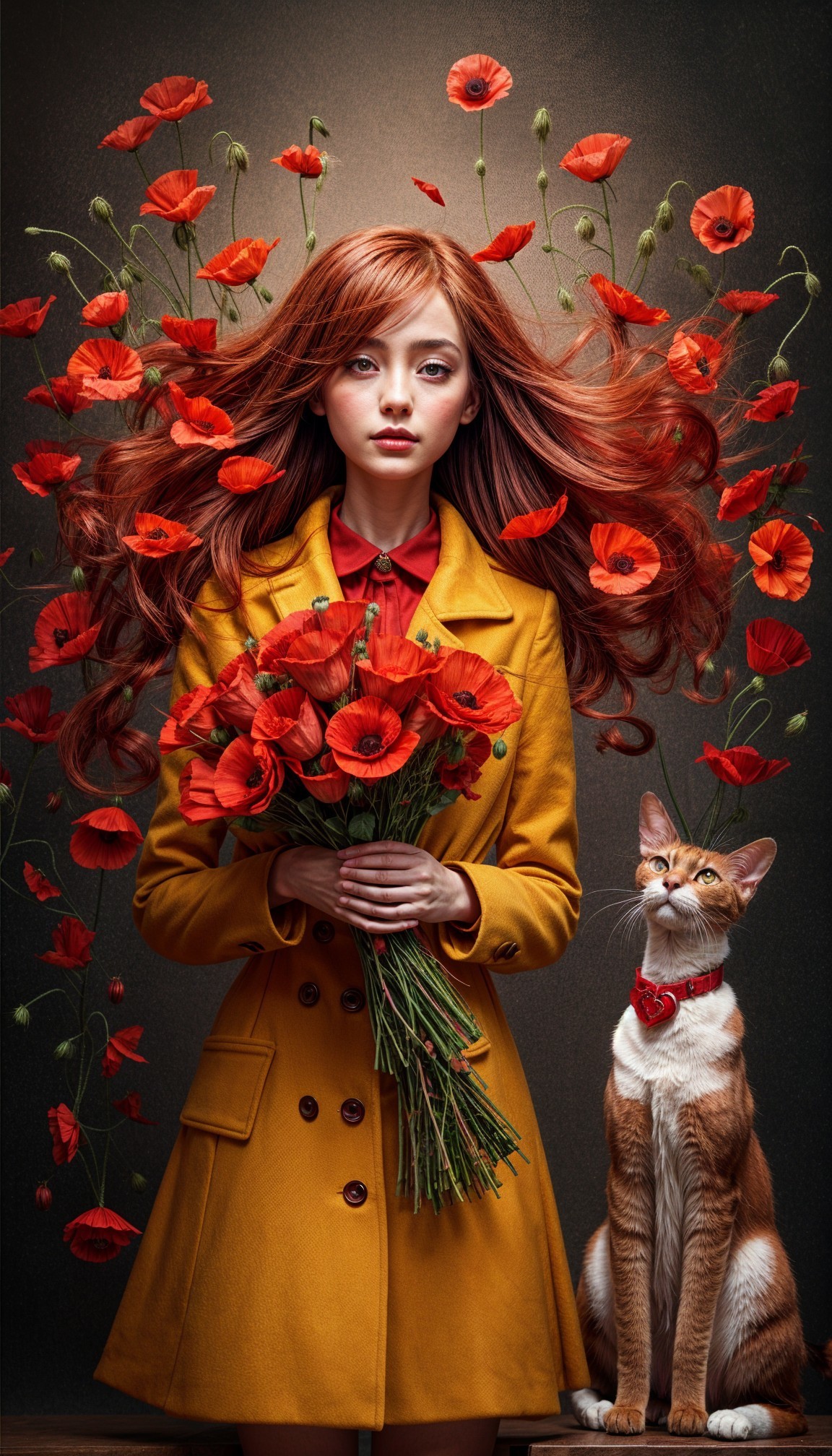 Young Woman in Yellow Coat Surrounded by Poppies