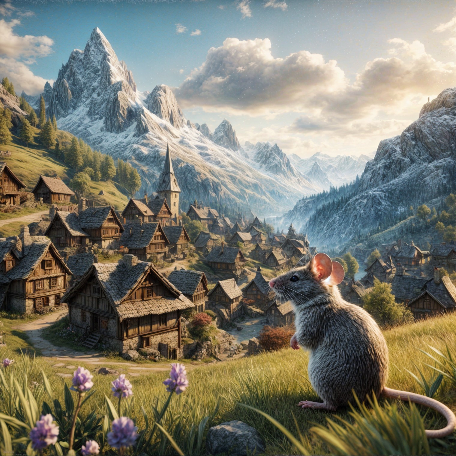 Serene Landscape with Mouse and Picturesque Village
