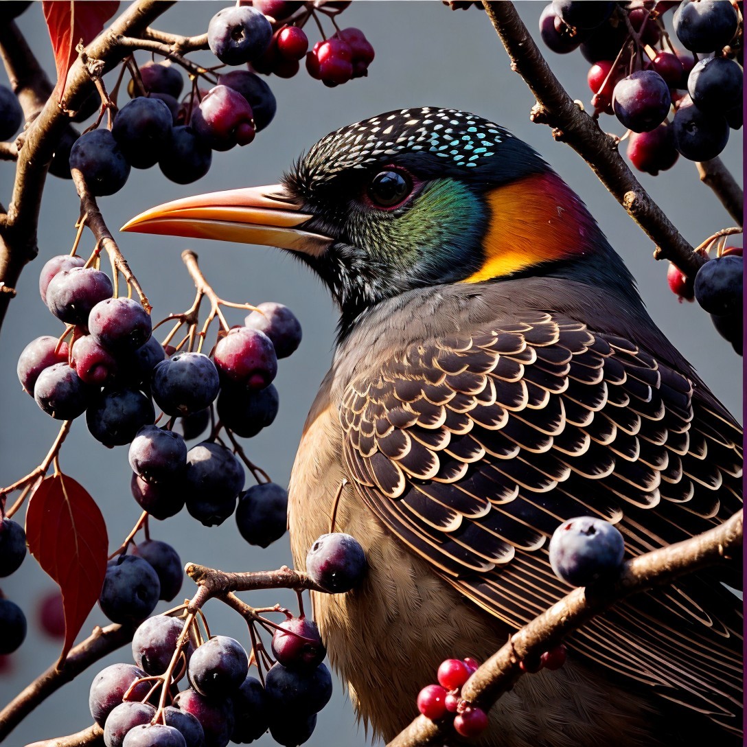 Bird Among Vibrant Berries with Earthy Feather Patterns