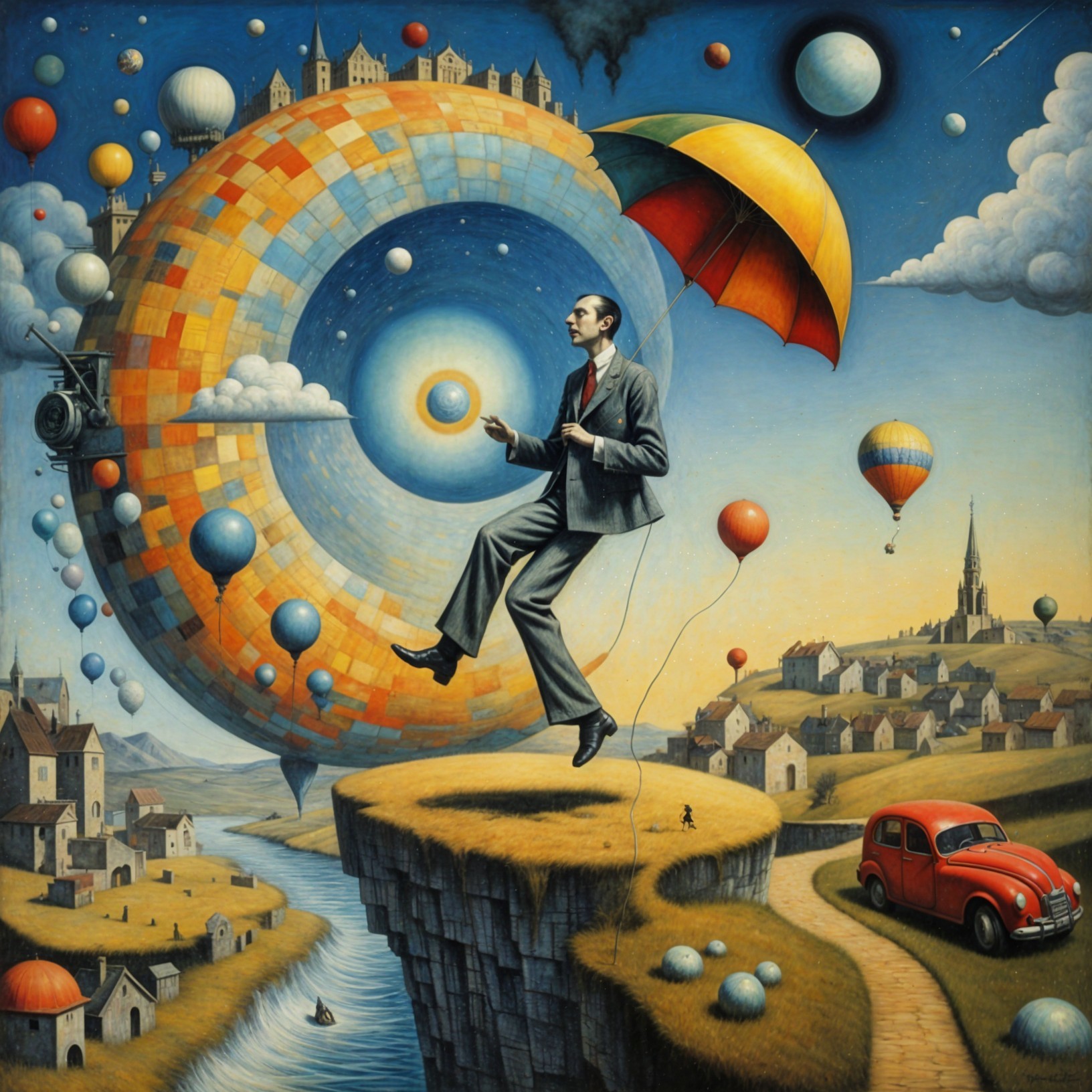 Surreal Landscape with Suspended Man and Cosmic Wheel