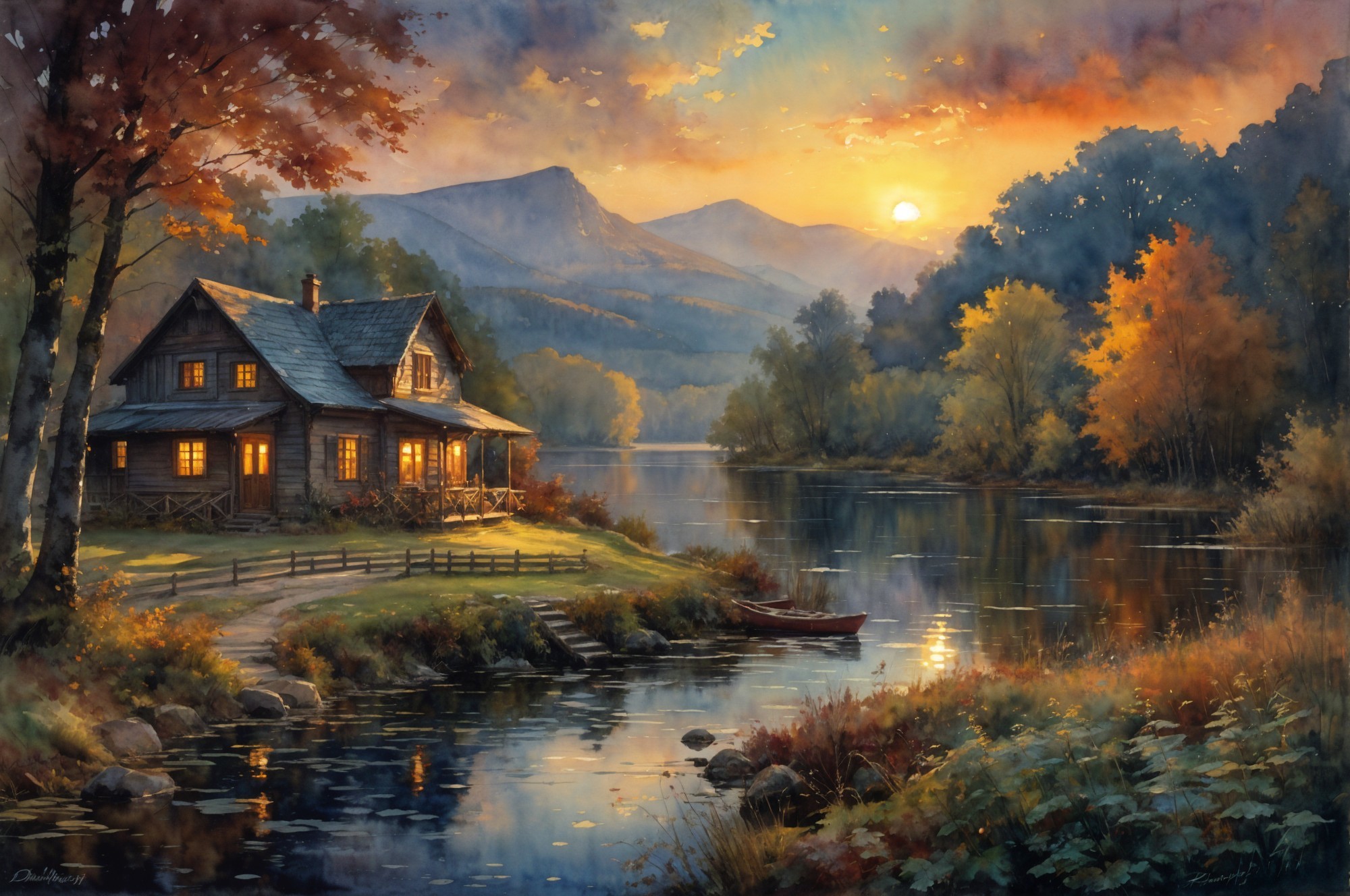 Cabin by Riverside Amidst Autumn Foliage and Mountains