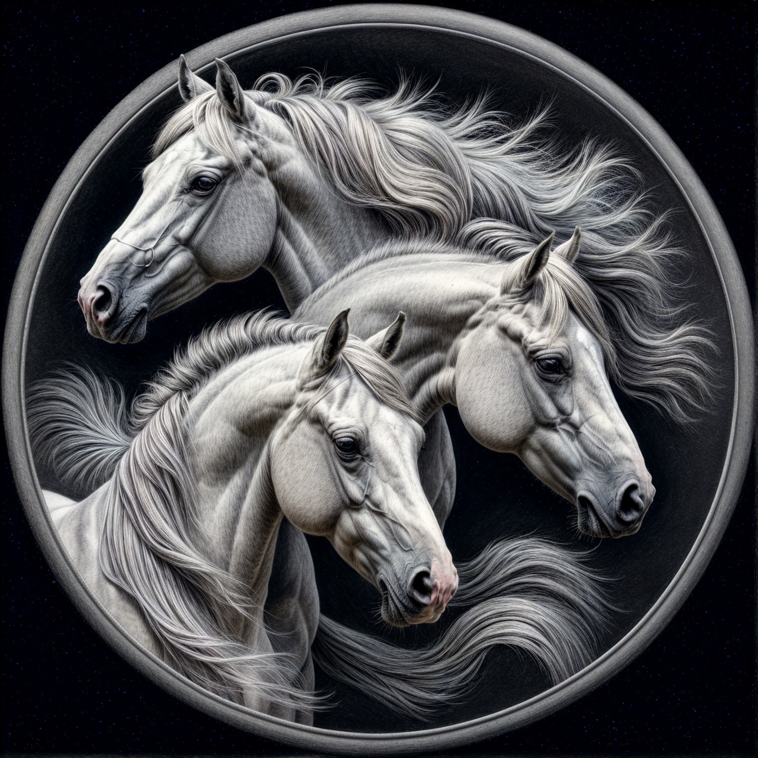 Majestic White Horses with Flowing Manes in Dark Background