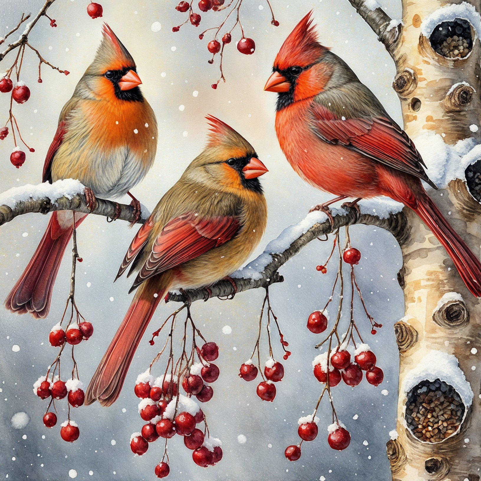 Vibrant Cardinals on Snow-Dusted Branch with Berries