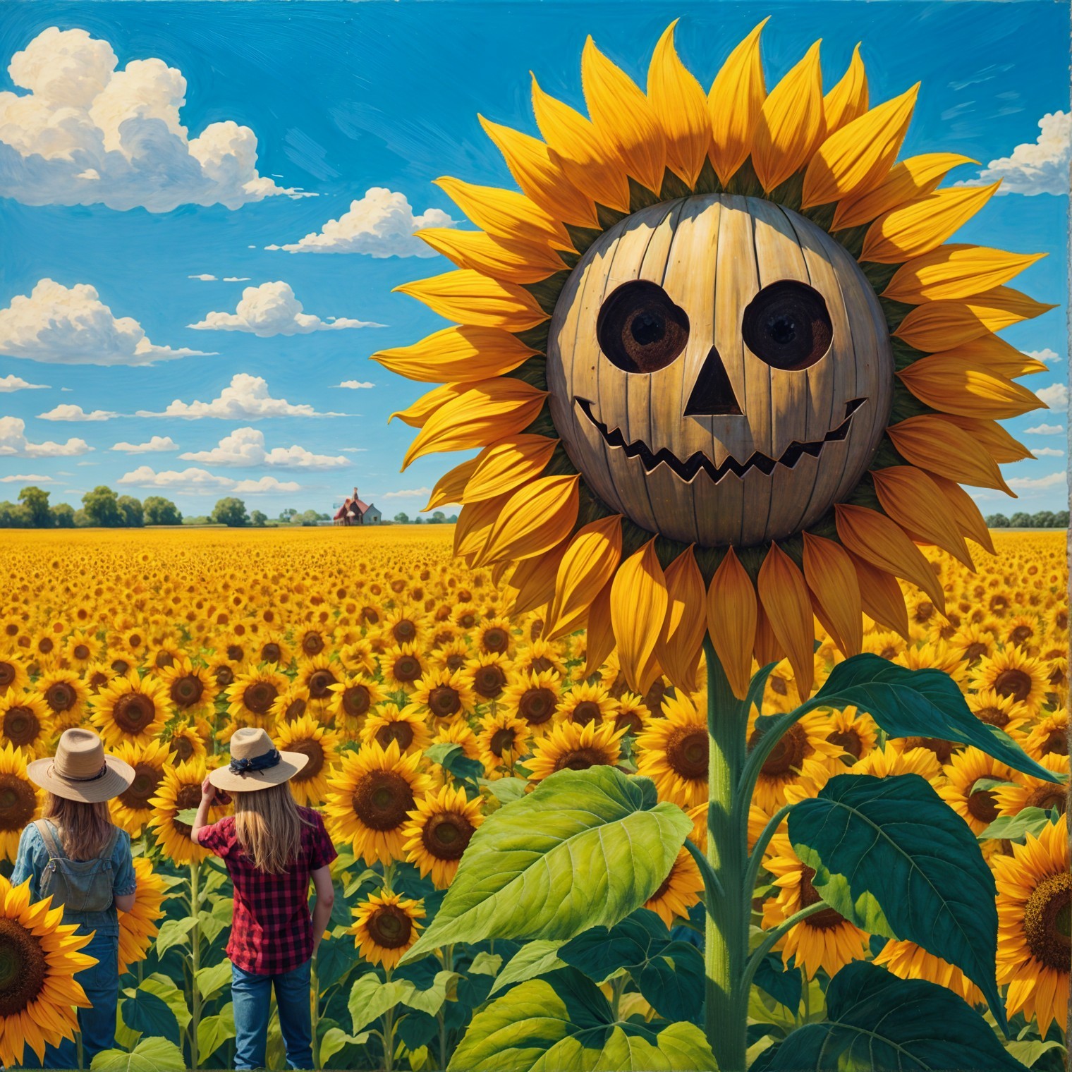 Sunflower Field with Pumpkin Face and Farmhouse Background