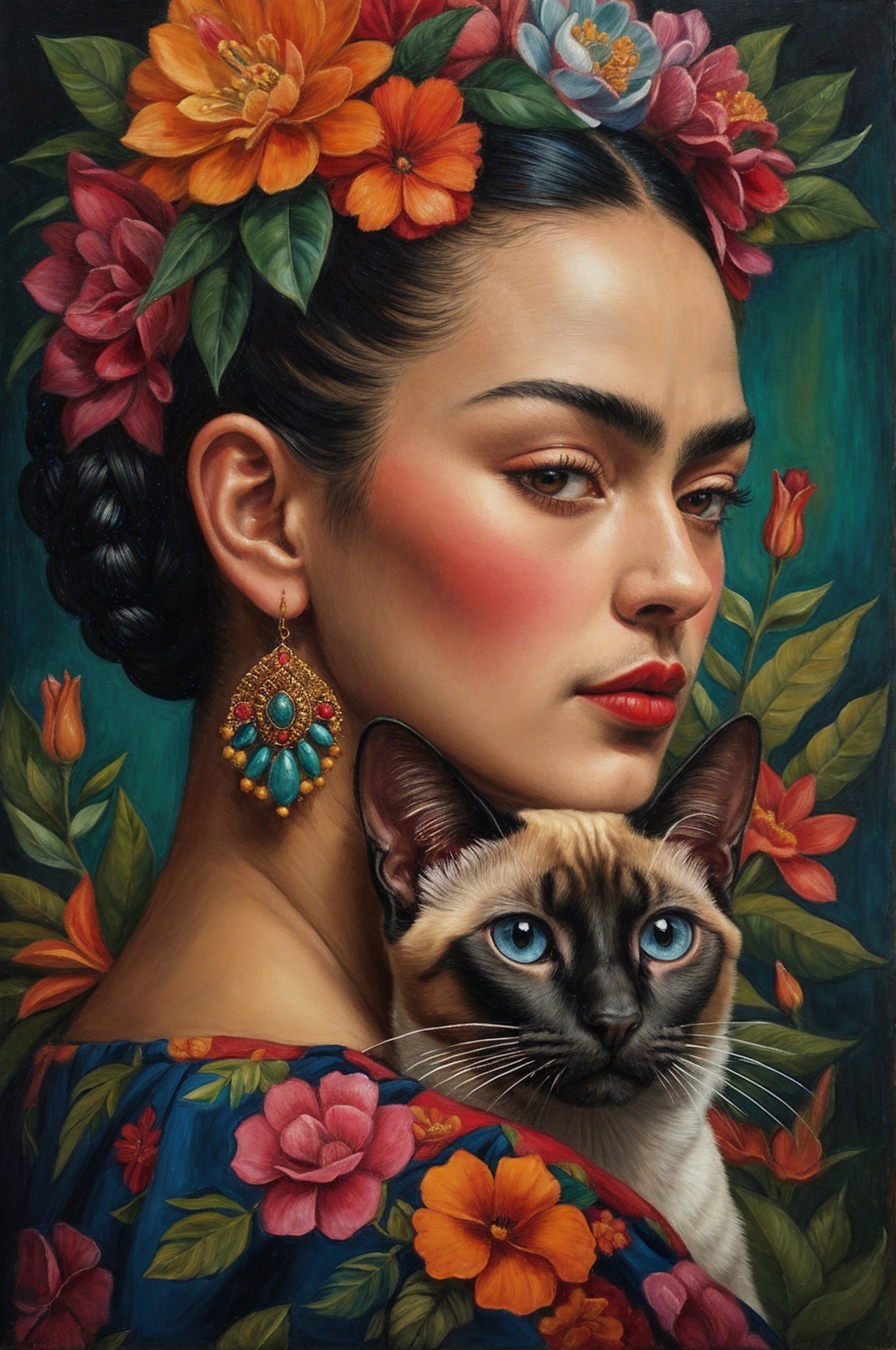 Vibrant Portrait of Woman with Flowers and Siamese Cat