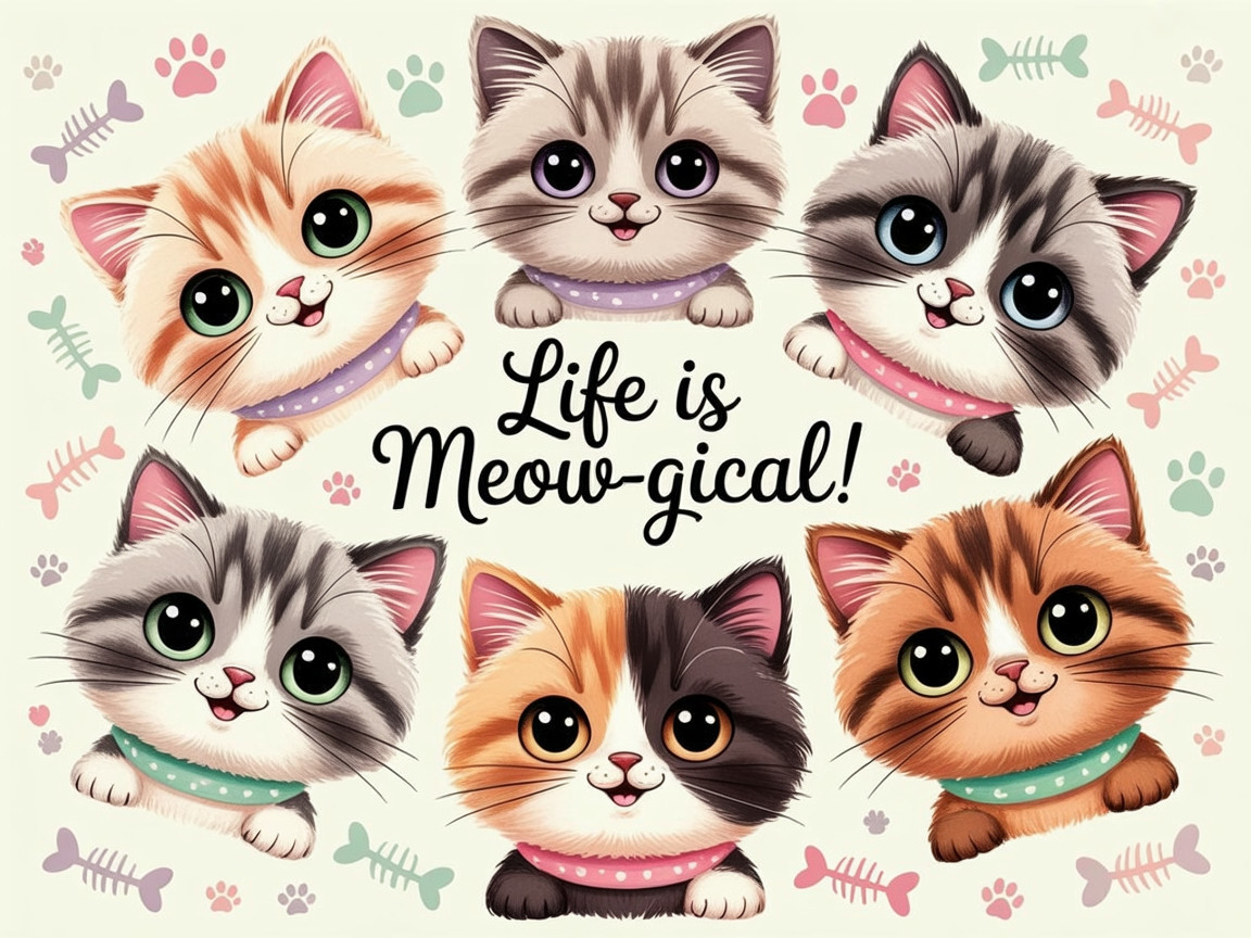 Cheerful Illustration of Six Playful Cartoon Kittens