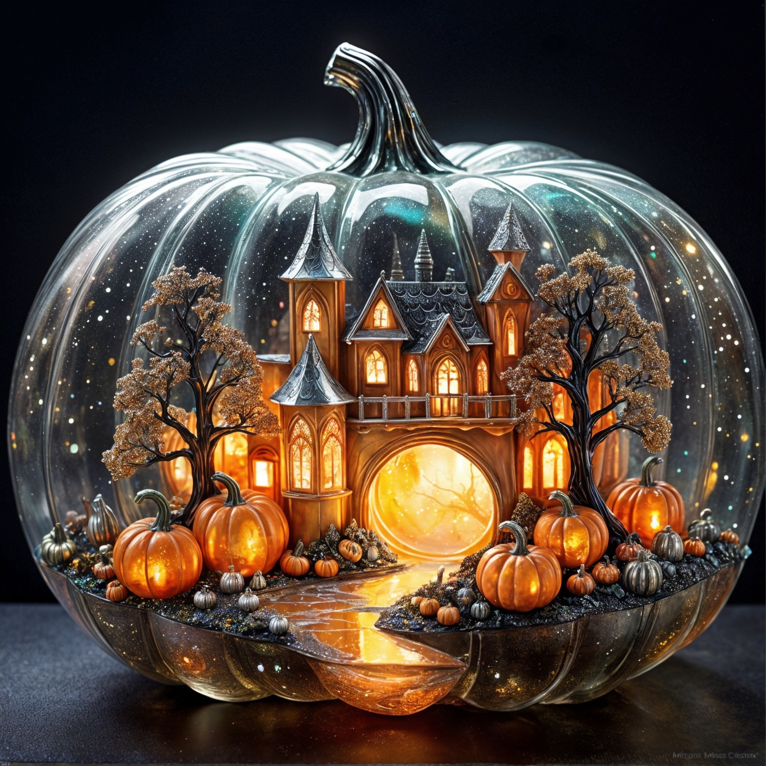 Carved Pumpkin with Glowing Castle and Fall Decor