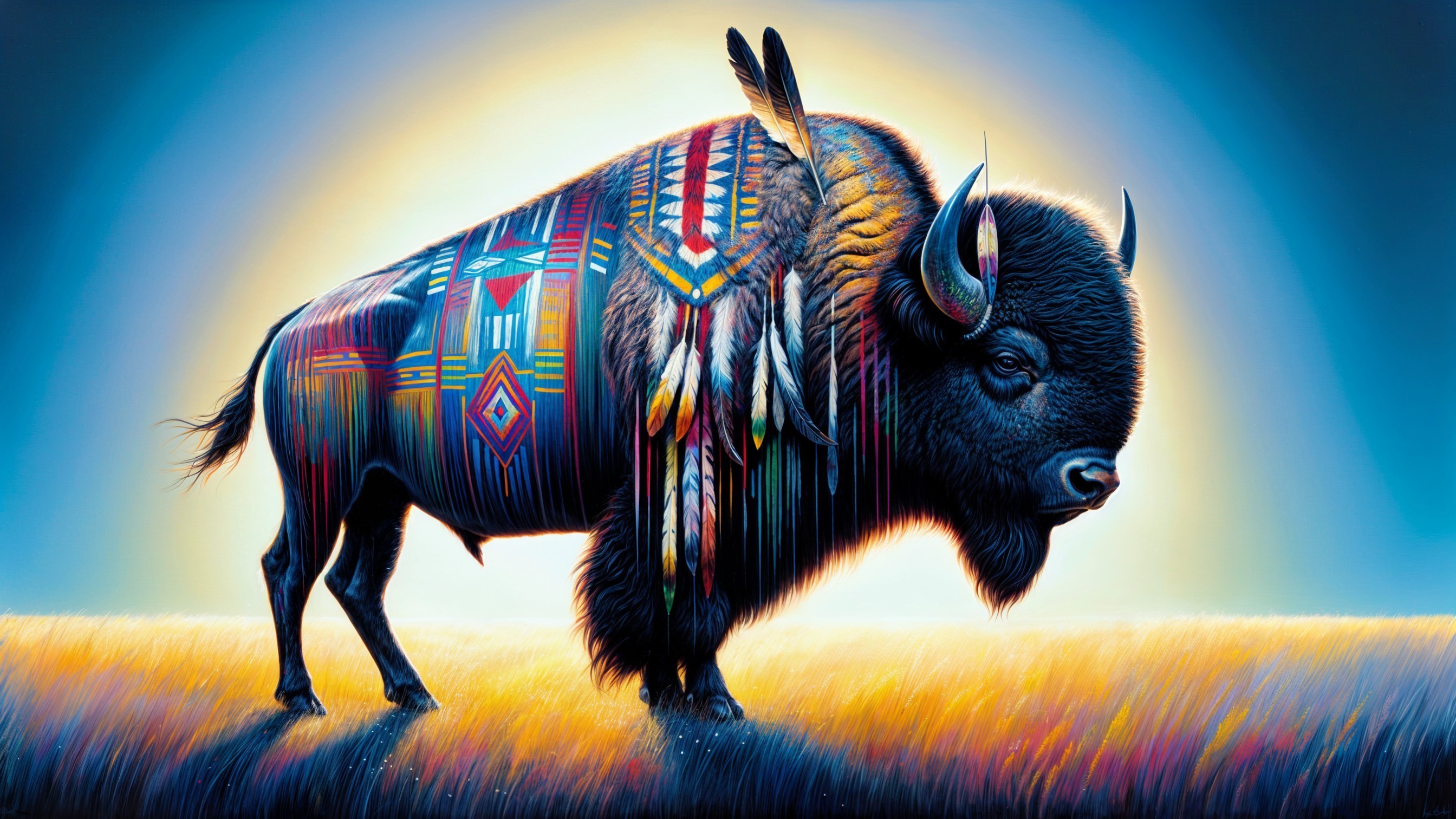 Majestic Bison in Vibrant Tribal Field Setting