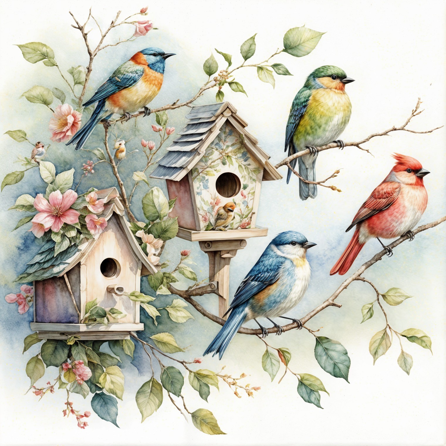 Colorful Birds on Blossoming Branch with Birdhouses