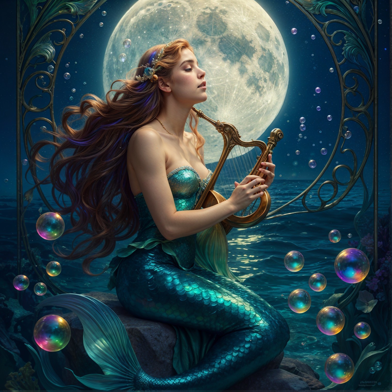 Serene Mermaid with Harp on Rocky Shoreline