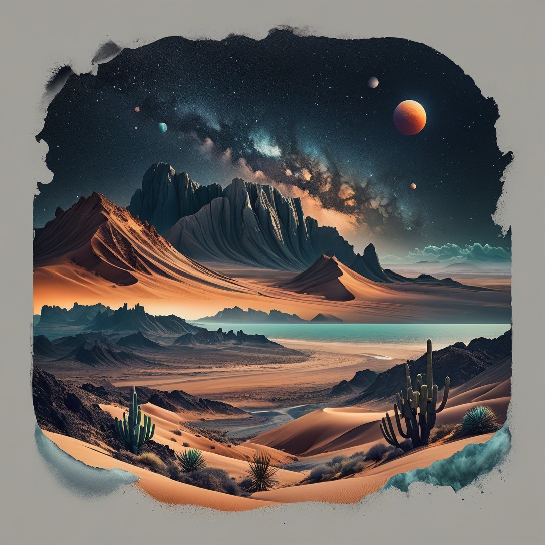 Desert Oasis at Night with Starry Sky and Mountains