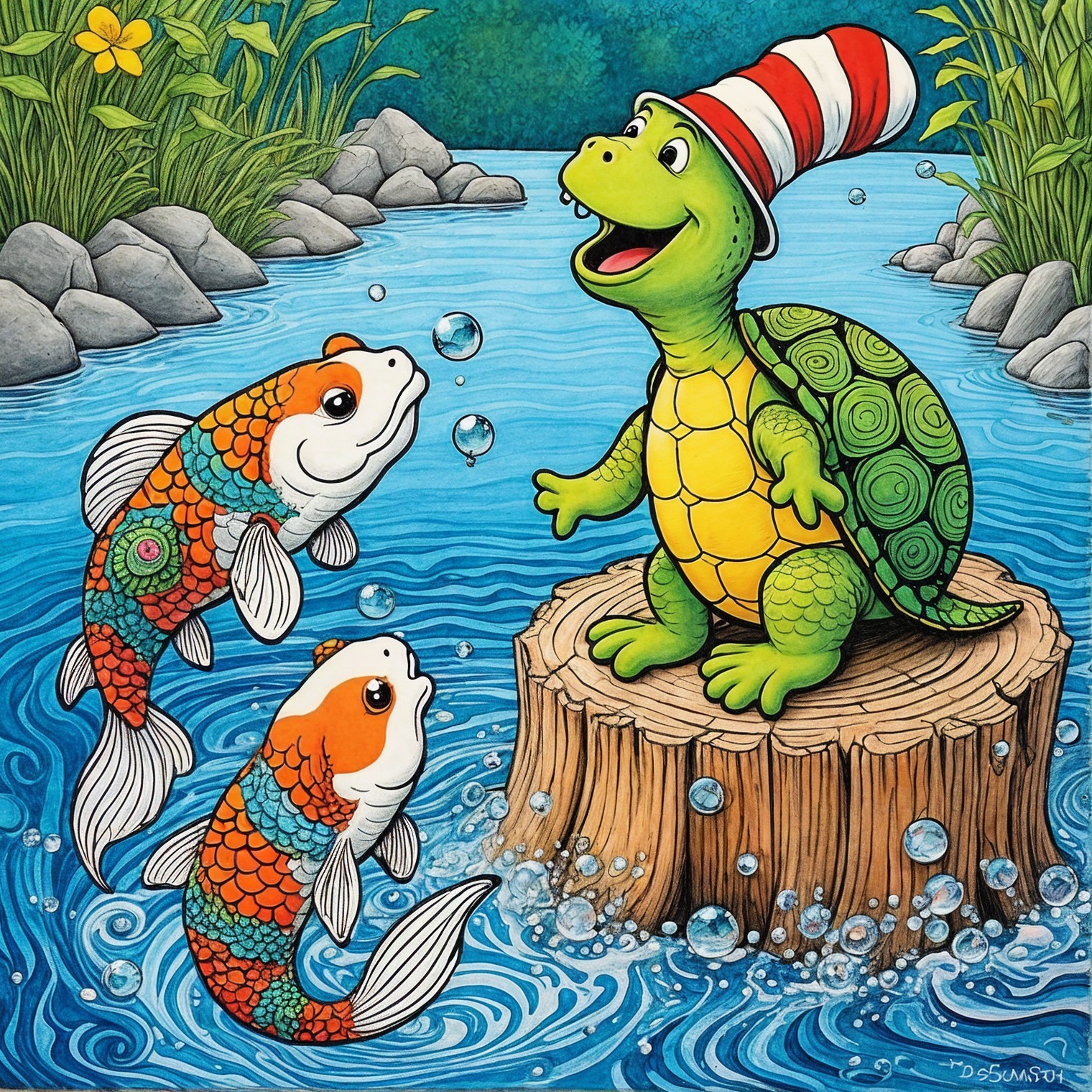 Cheerful turtle with hat in vibrant pond scene