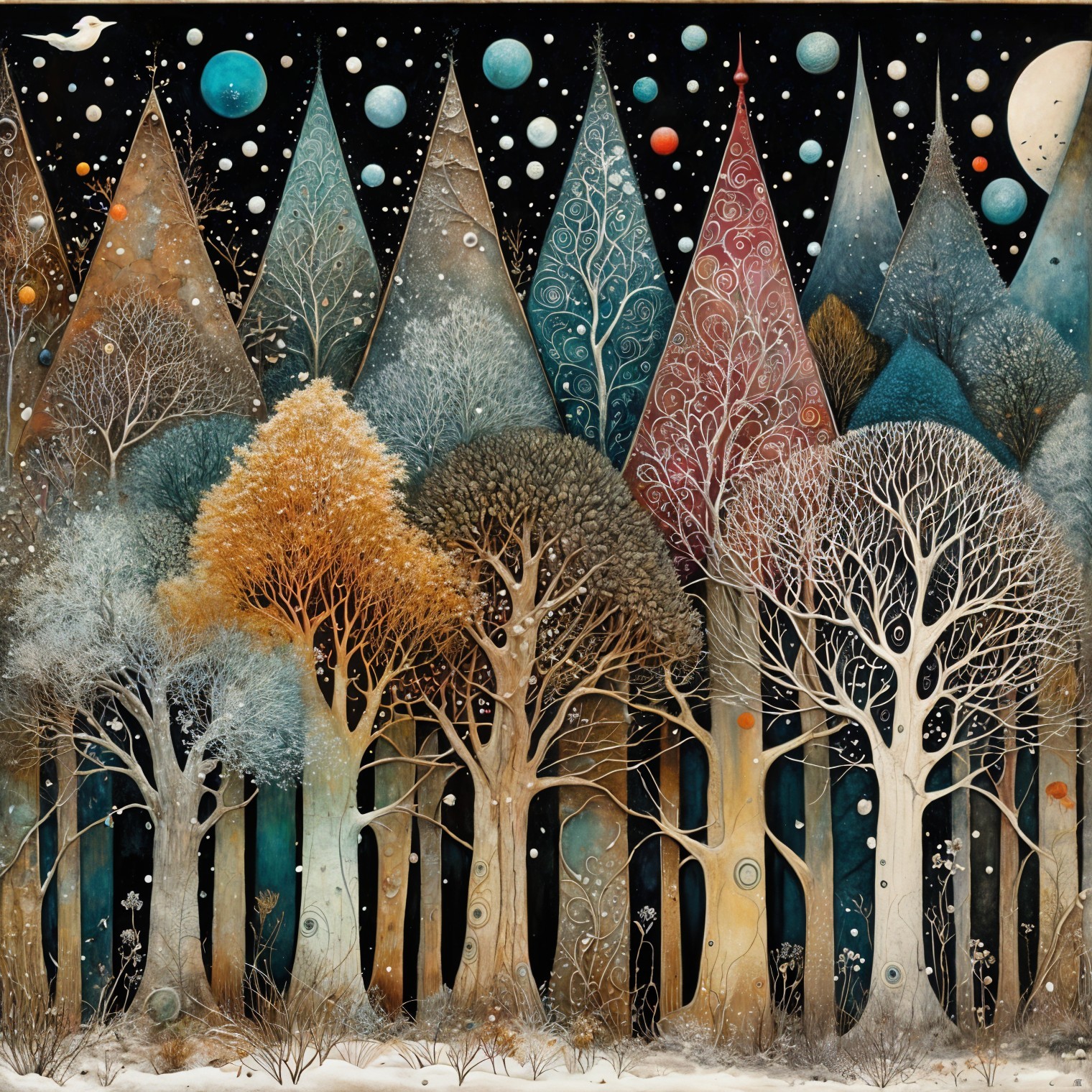 Whimsical Forest Scene with Stylized Trees and Stars