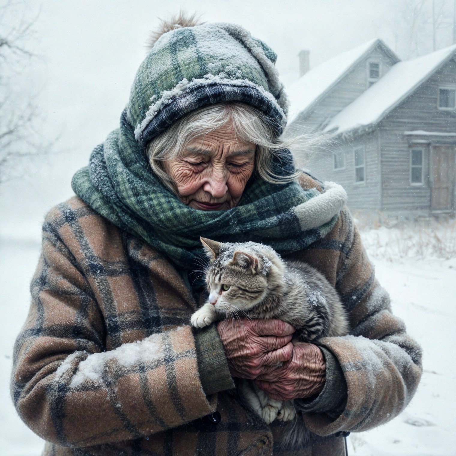 Elderly Woman with Cat in Snowy Landscape Scene