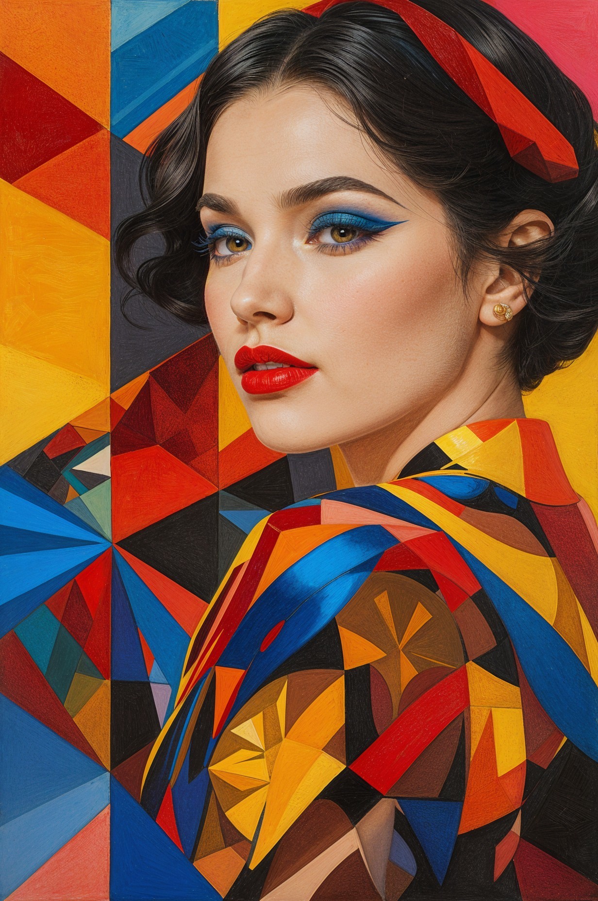 Portrait of a Woman with Bold Makeup and Colorful Outfit