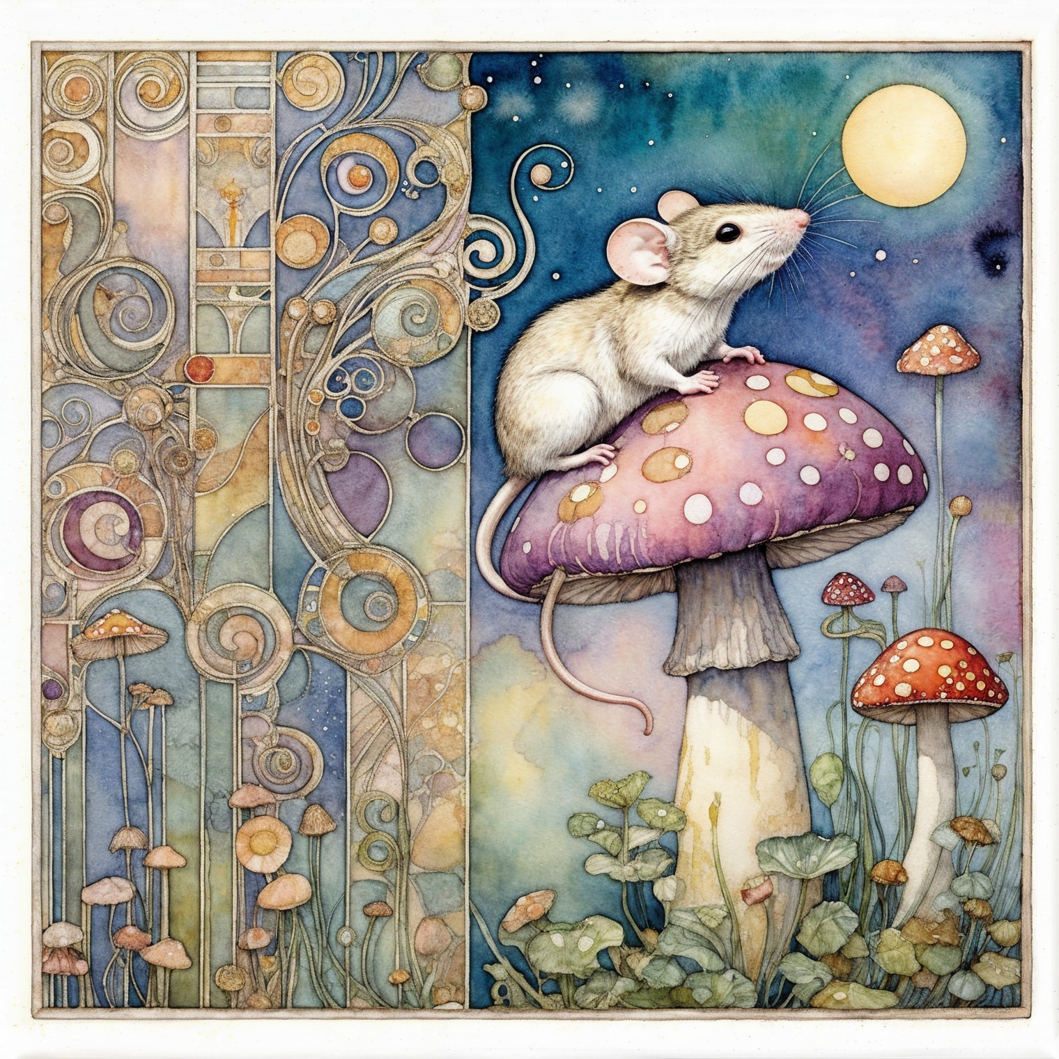 Whimsical Mouse on Oversized Mushroom in Dreamy Landscape