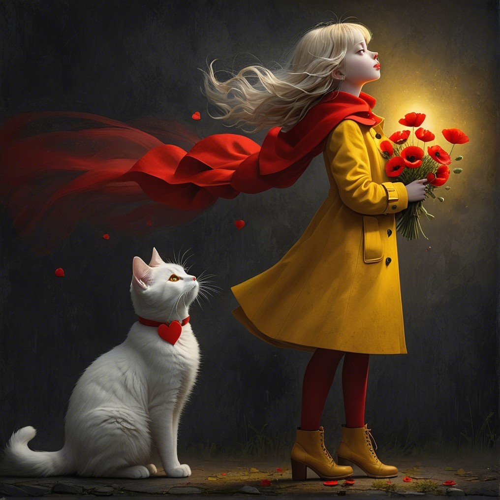 Girl in Yellow Coat with Poppies and White Cat
