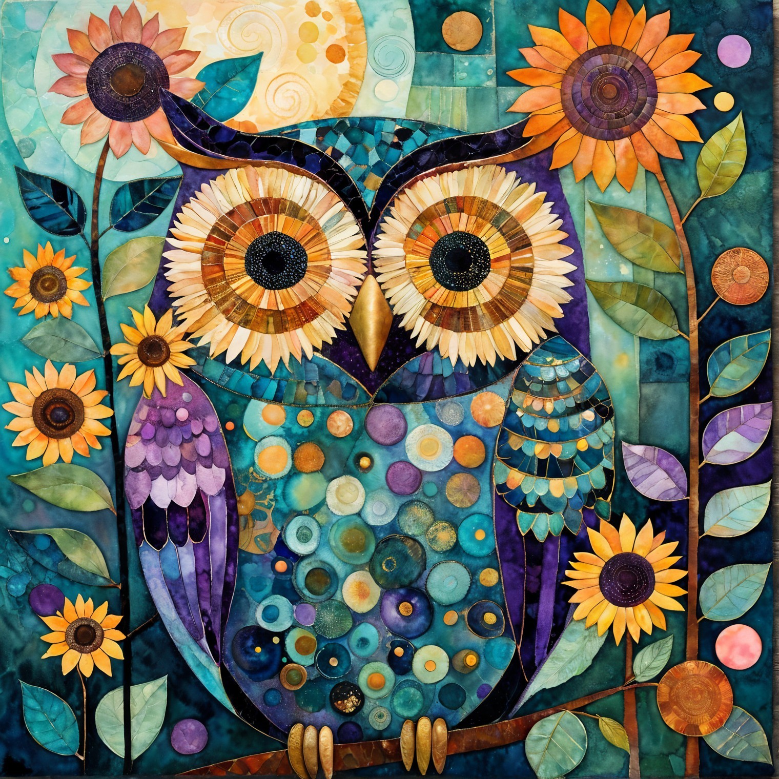 Vibrant Owl Surrounded by Sunflowers and Abstract Flora