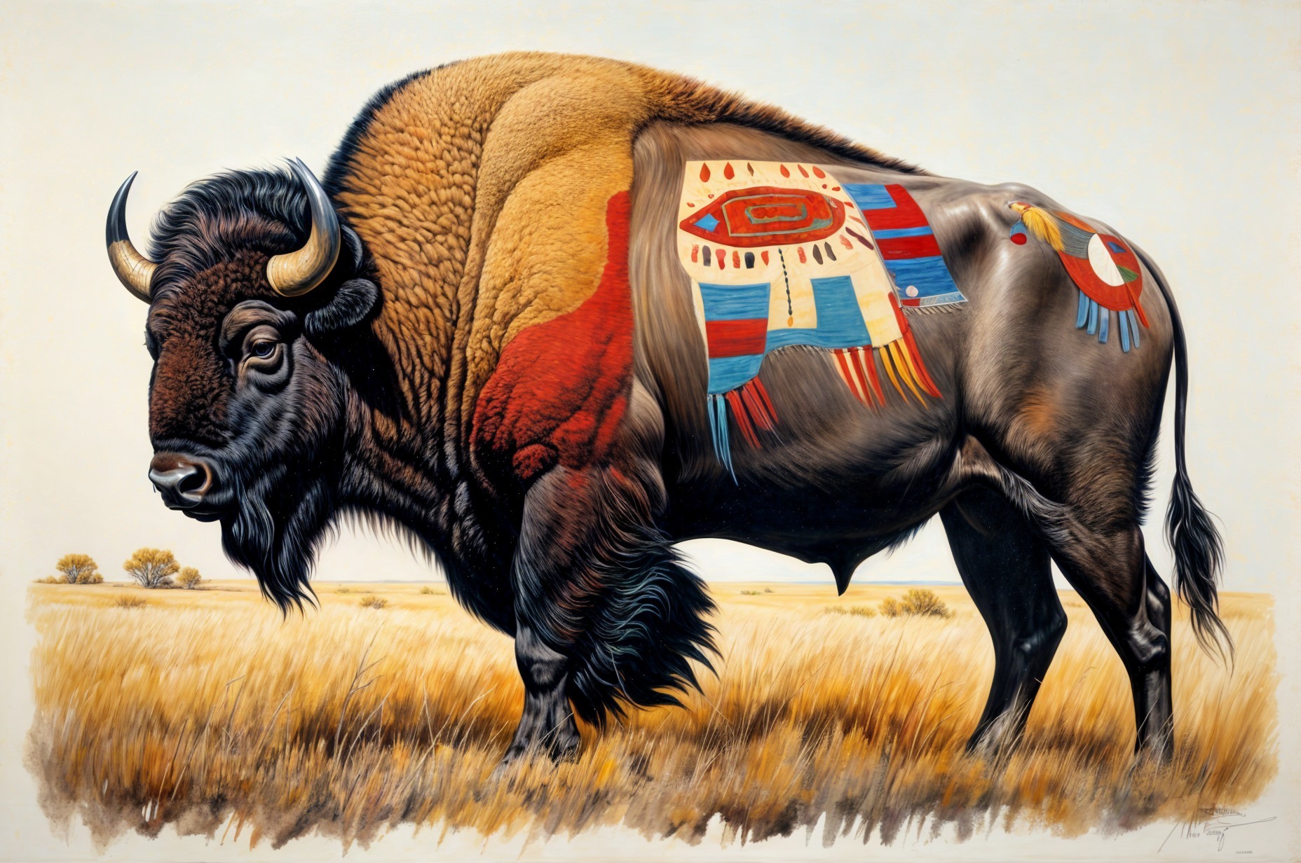 Bison in Colorful Tribal Patterns on Grassy Landscape