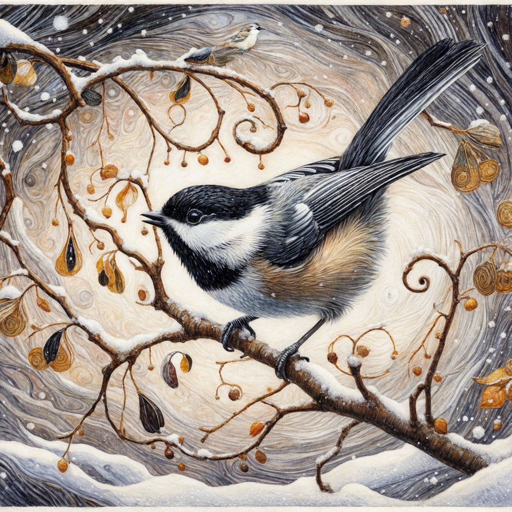 Detailed Illustration of a Bird on a Snowy Branch