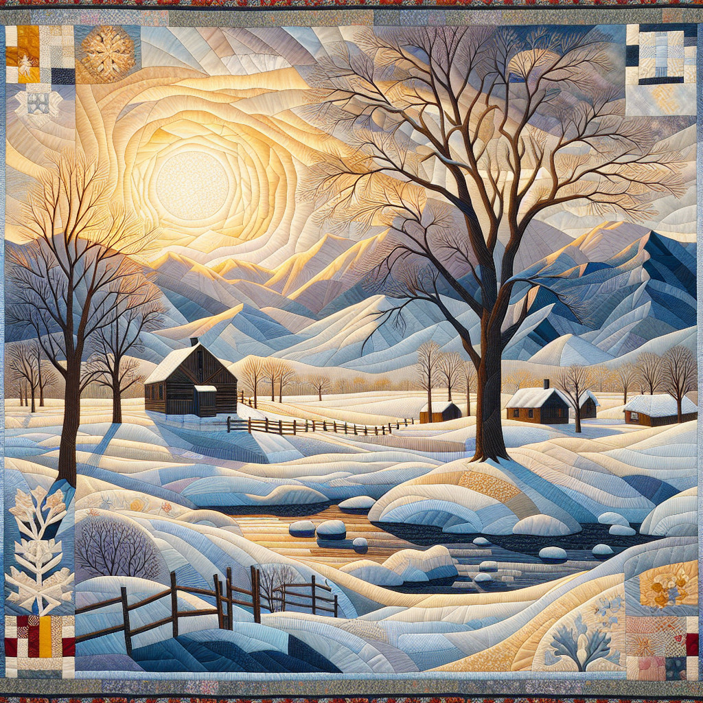 Serene Winter Landscape Quilt with Snowy Mountains