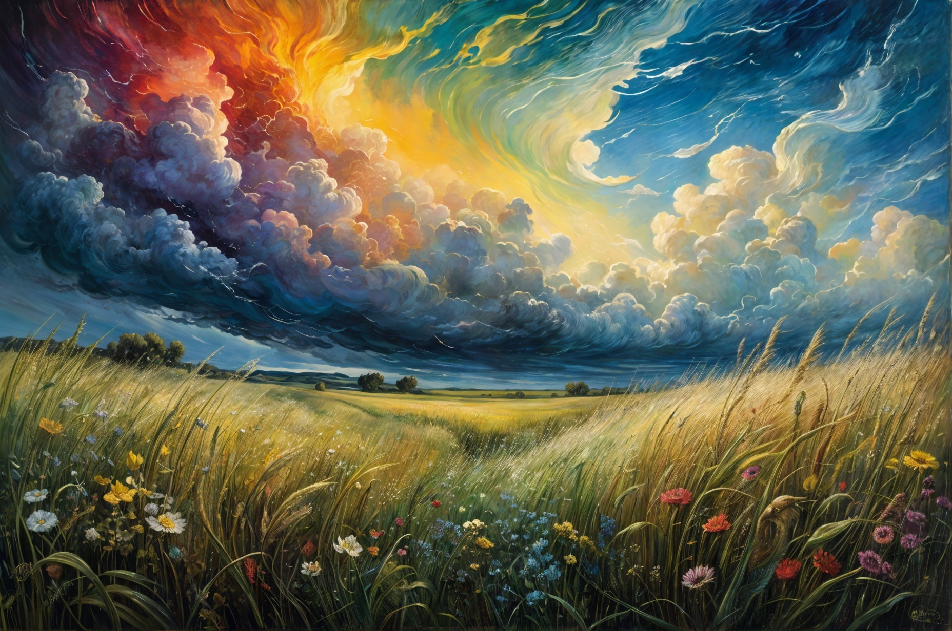 Vibrant Landscape with Wildflowers and Dramatic Sky