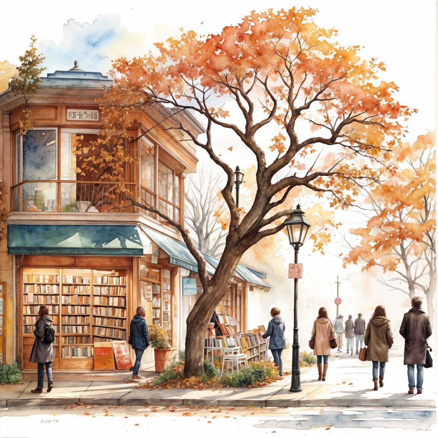 Autumn Street Scene with Bookstore and Foliage