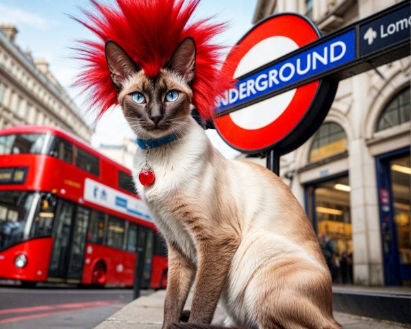Stylish Cat with Blue Eyes and Red Mohawk in London