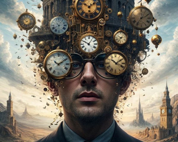 Surreal Scene of a Man with Clocks and Gears