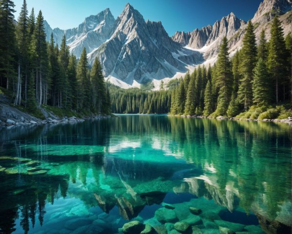 Serene Mountain Lake Surrounded by Lush Peaks and Trees
