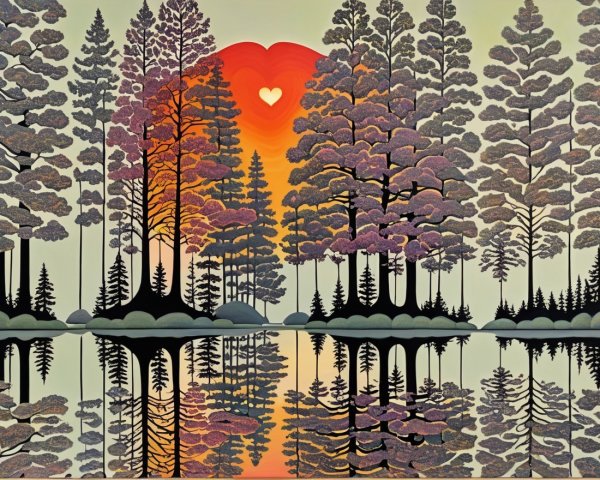 Stylized forest and lake painting with heart-shaped sunset