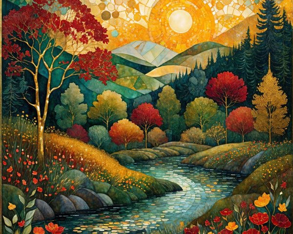 Vibrant Autumn Landscape with Winding River and Mountains