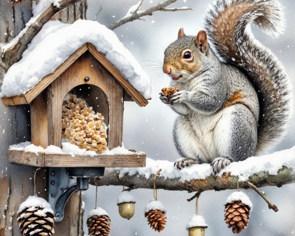 Squirrel on Snowy Branch with Birdhouse and Acorns