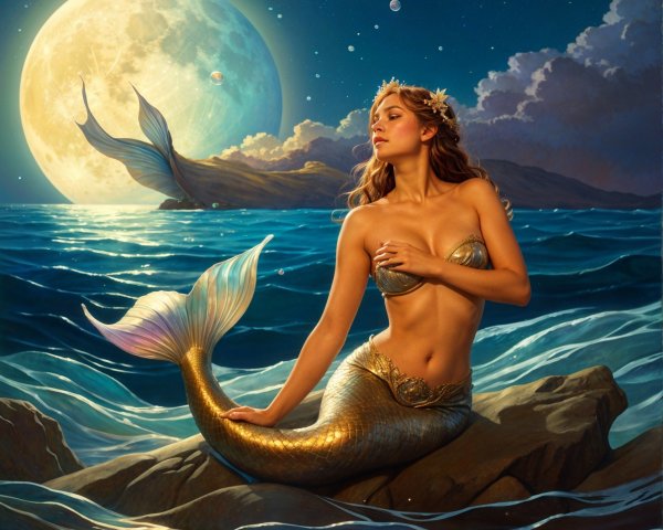 Serene Mermaid on Rocky Outcrop Under Moonlight