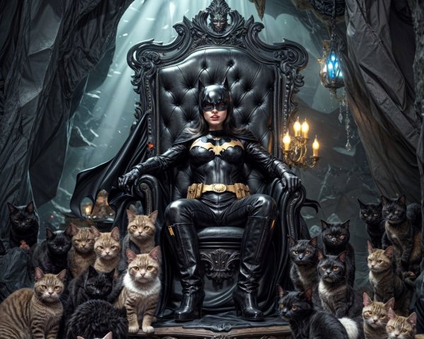 Gothic Room with Batgirl and Cats on Black Throne