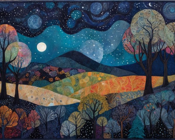Vibrant Landscape Quilt Featuring Serene Night Scene