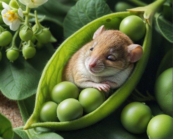Mouse in a Pea Pod Surrounded by Green Foliage