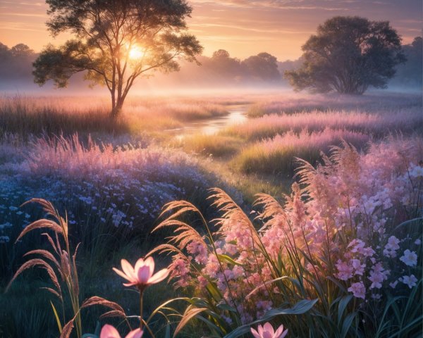 Serene Sunrise Landscape with Tranquil Stream and Mist