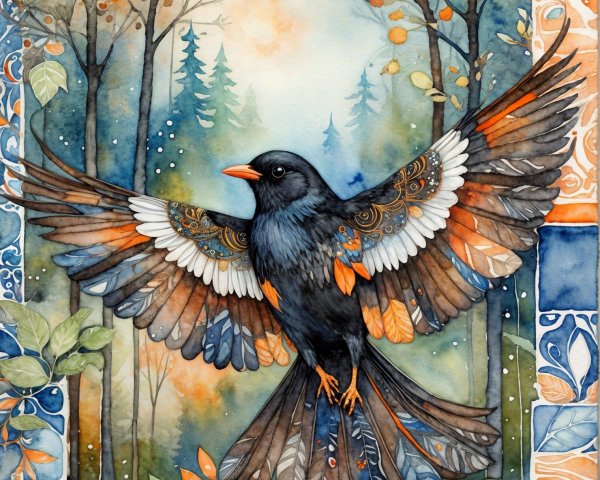 Vibrant Watercolor of Bird with Colorful Wings