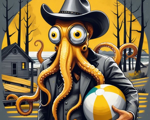 Cartoon Octopus in Cowboy Hat with Beach Ball Scene