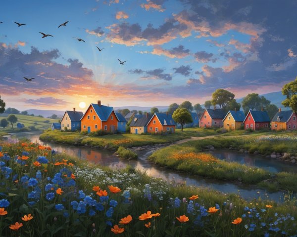 Vibrant Village by Serene River at Sunrise