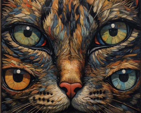 Stylized Cat Face with Vibrant Eyes and Colorful Fur