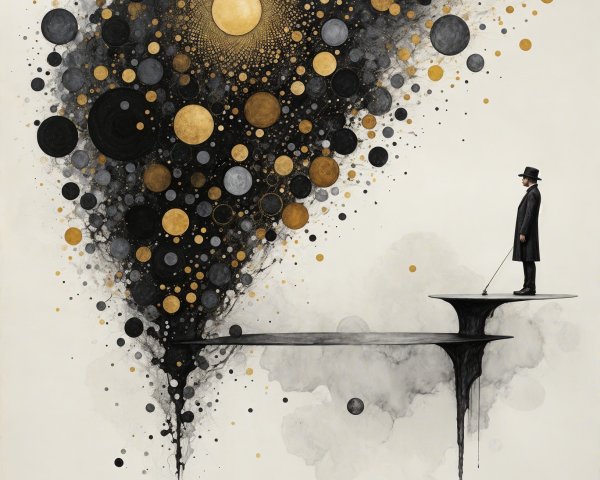 Solitary Figure on Ledge Amid Surreal Cosmic Scene